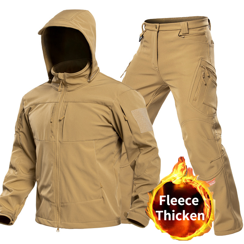Hunting & Outdoor Supplies Vanderbijlpark - 男性用アウトドアタクティカルソフトシェルスーツ フード付きフルジップジャケット カーゴパンツ 防風マルチポケットセット ハンティング・ハイキング・キャンプ用