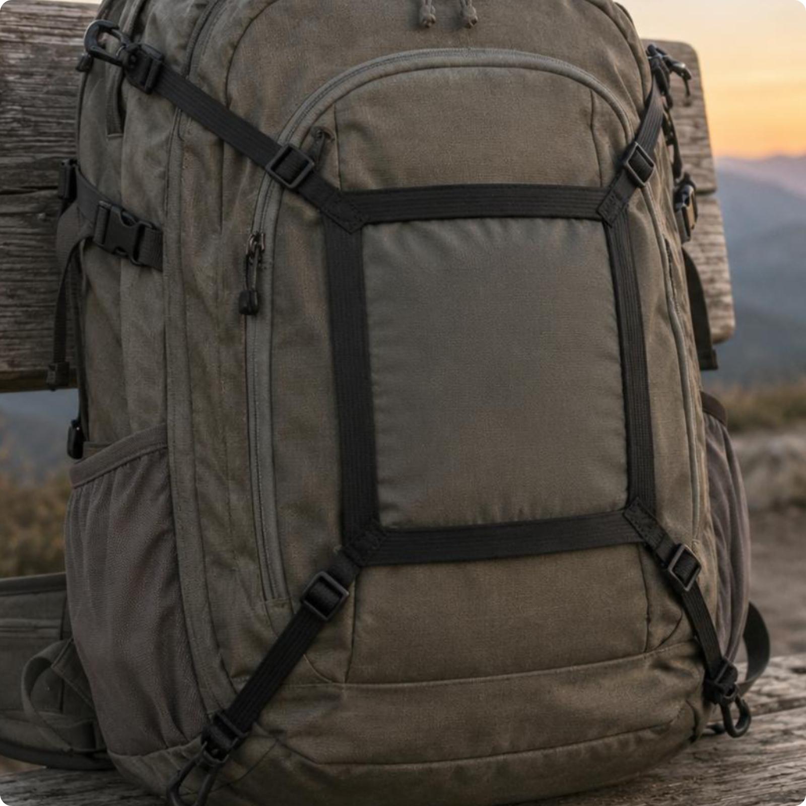 Outdoor Hunting Gear Store - バックパック用ヘルメットホルダー スクエアデザイン ギアアタッチメントストラップ 調節可能なメッシュ収納バッグ