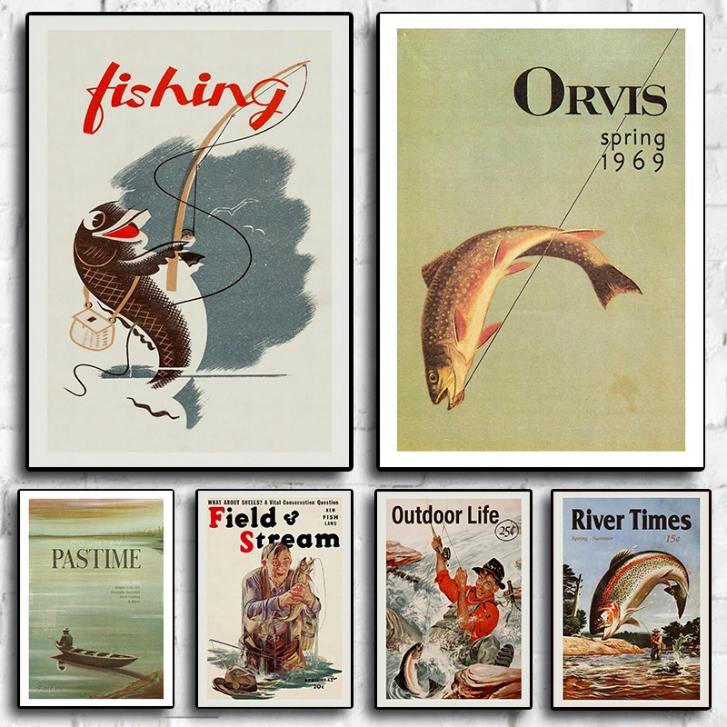 Outdoor Hunting Paintings - ヴィンテージフライフィッシングキャンバスプリントレトロトラベルポスター壁アートハンティングアウトドアスポーツデコロッジリビングルーム素朴な家の装飾