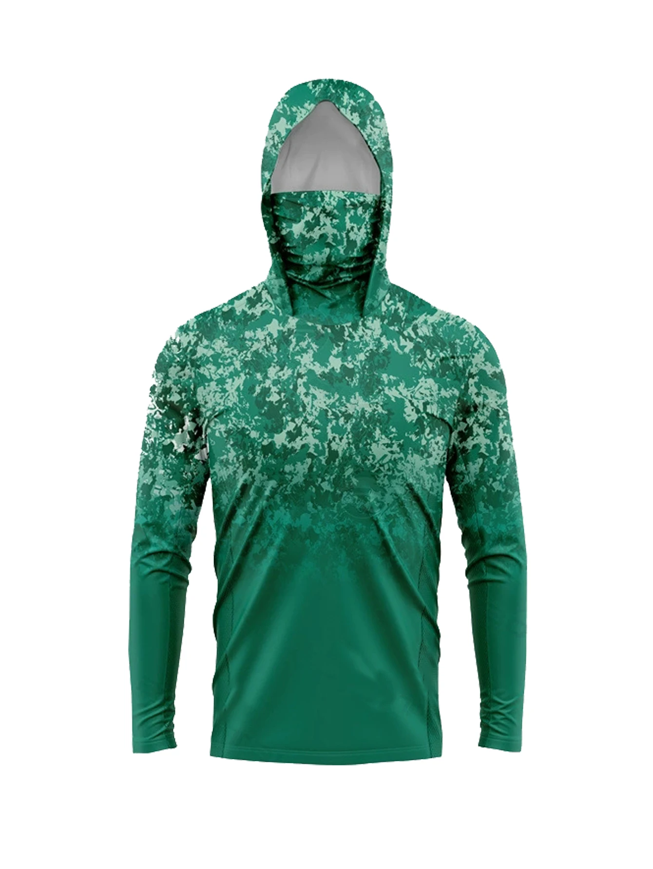 Outdoor Hunting Hoodie - メンズUPF50+日焼け防止フィッシングフーディー、フェイスマスク付き、グリーンデジタルカモフラージュ、速乾性、UVカット、ボート、ハンティング用長袖シャツ