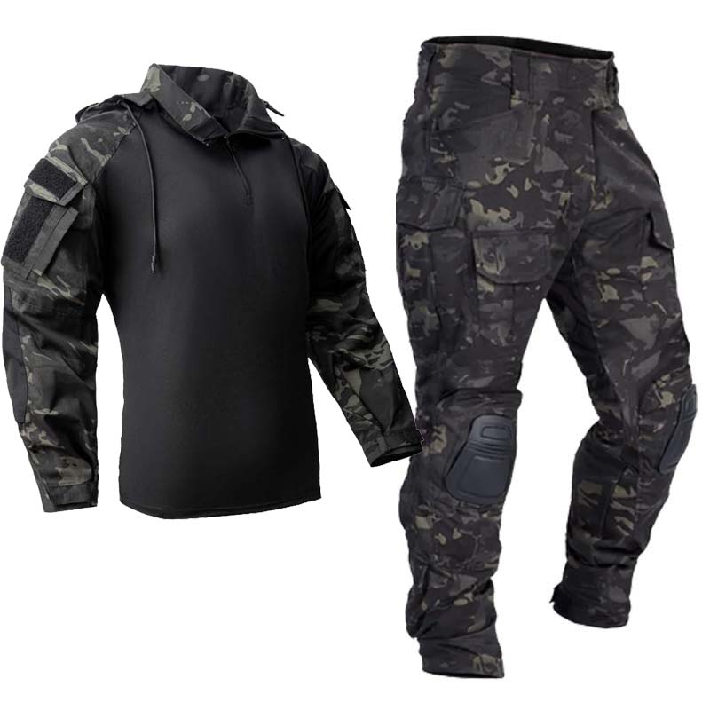 Outdoor Hunting Hoodie - 男性の戦術的な制服軍事屋外迷彩戦闘スーツシャツパーカーセットカーゴパンツトレーニングエアガンペイントボール狩猟服