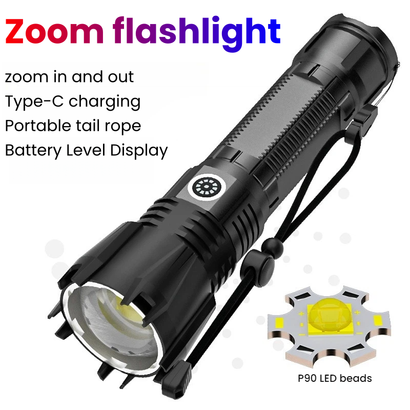 高出力 P90 LED 懐中電灯 TYPE-C 充電式ズーム - Hunting Outdoor のレビューと価格